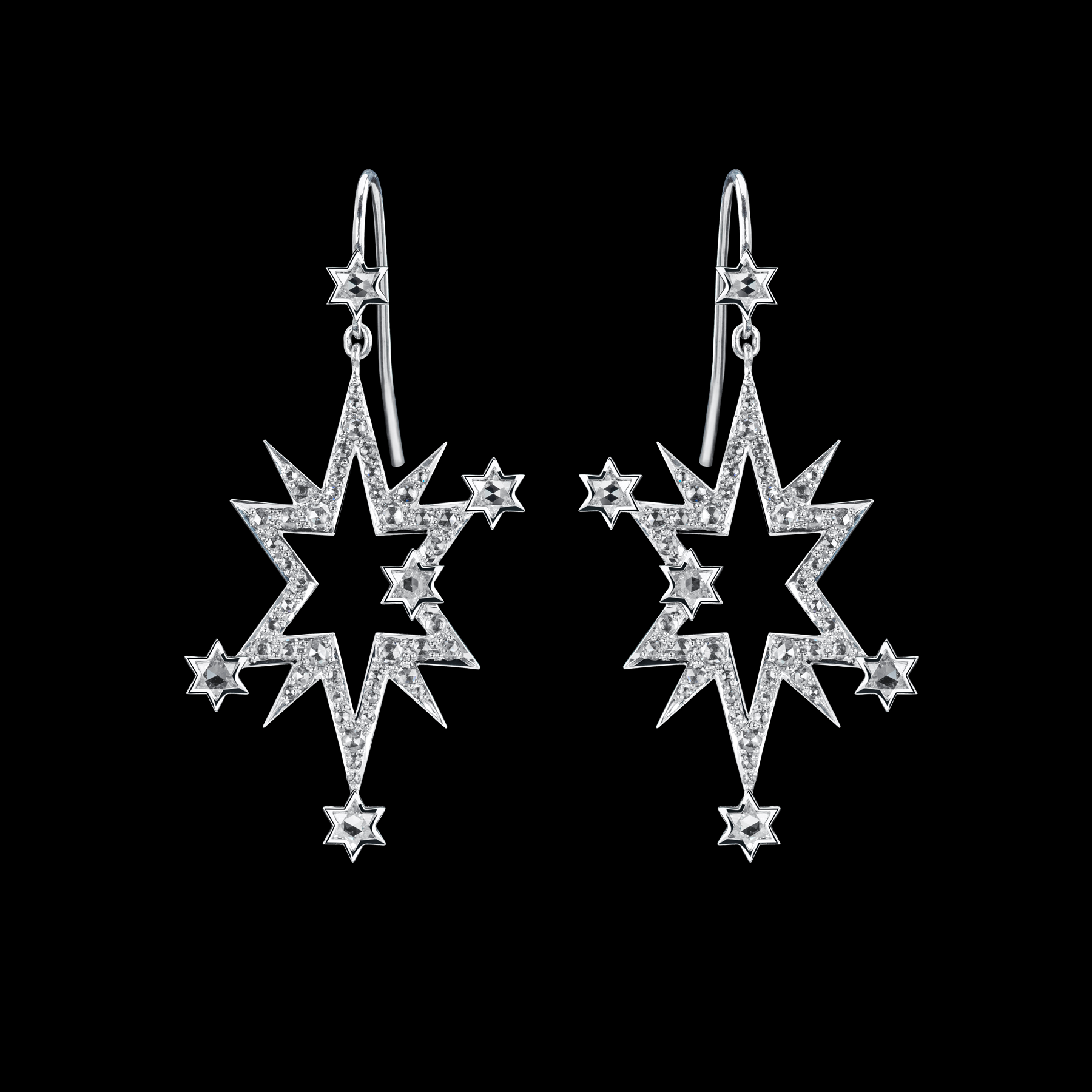 Aster Earrings by designer Solange Azagury-Partridge - 18k White Gold, star cut and rose cut diamonds - front view