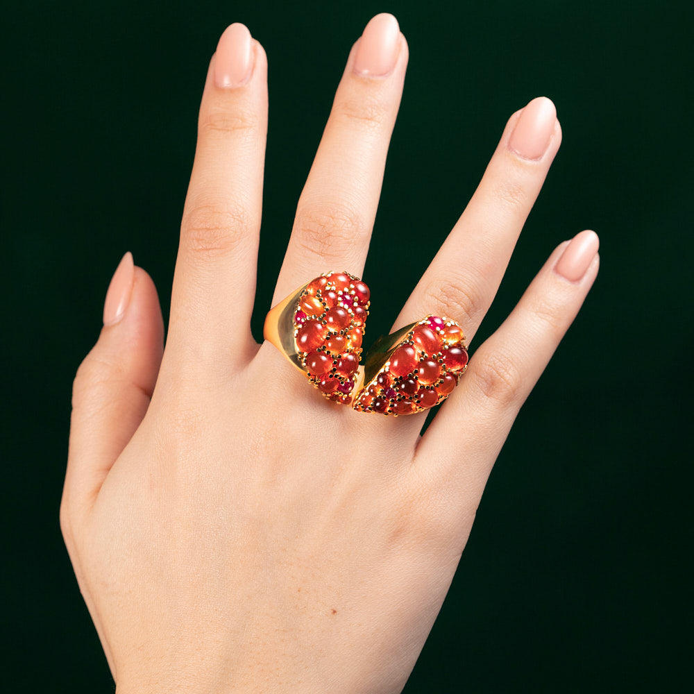 Broken Heart Two Finger Heart Ring Set with Fire Opal and Ruby Cabochons on 18k Yellow Gold By Solange Azagury-Partridge On Hand