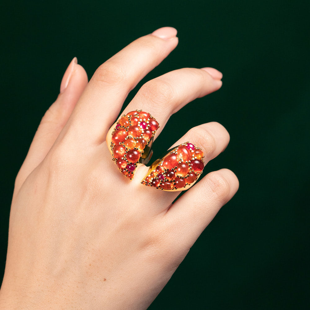 Broken Heart Two Finger Heart Ring Set with Fire Opal and Ruby Cabochons on 18k Yellow Gold By Solange Azagury-Partridge On Hand Broken