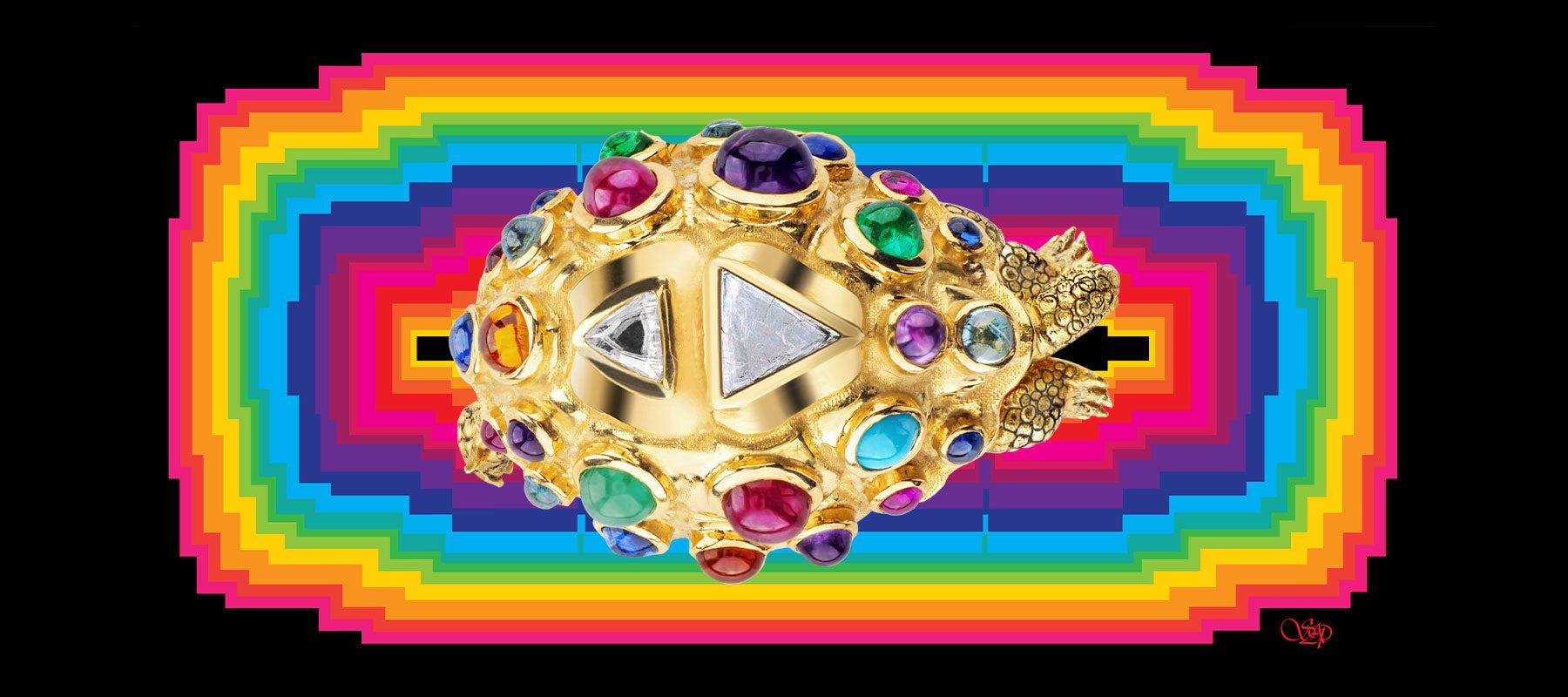 Matthew Day Jackson and Solange Collaboration 18 K Gold Bejewelled Turtle Ring on Rainbow Carpet