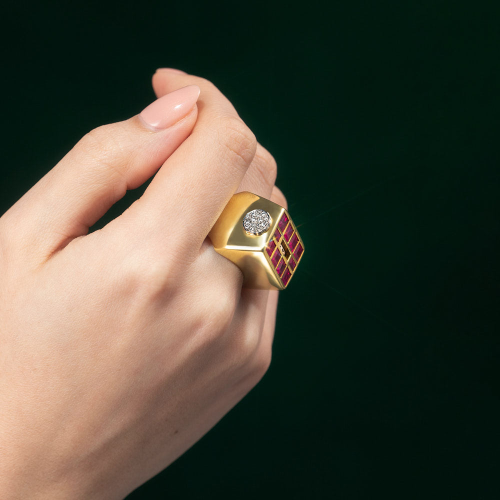 Revolving Days of the Week Ring with Ruby Face, Diamond Scroll, and 18 karat yellow gold by Solange Azagury-Partridge On Hand