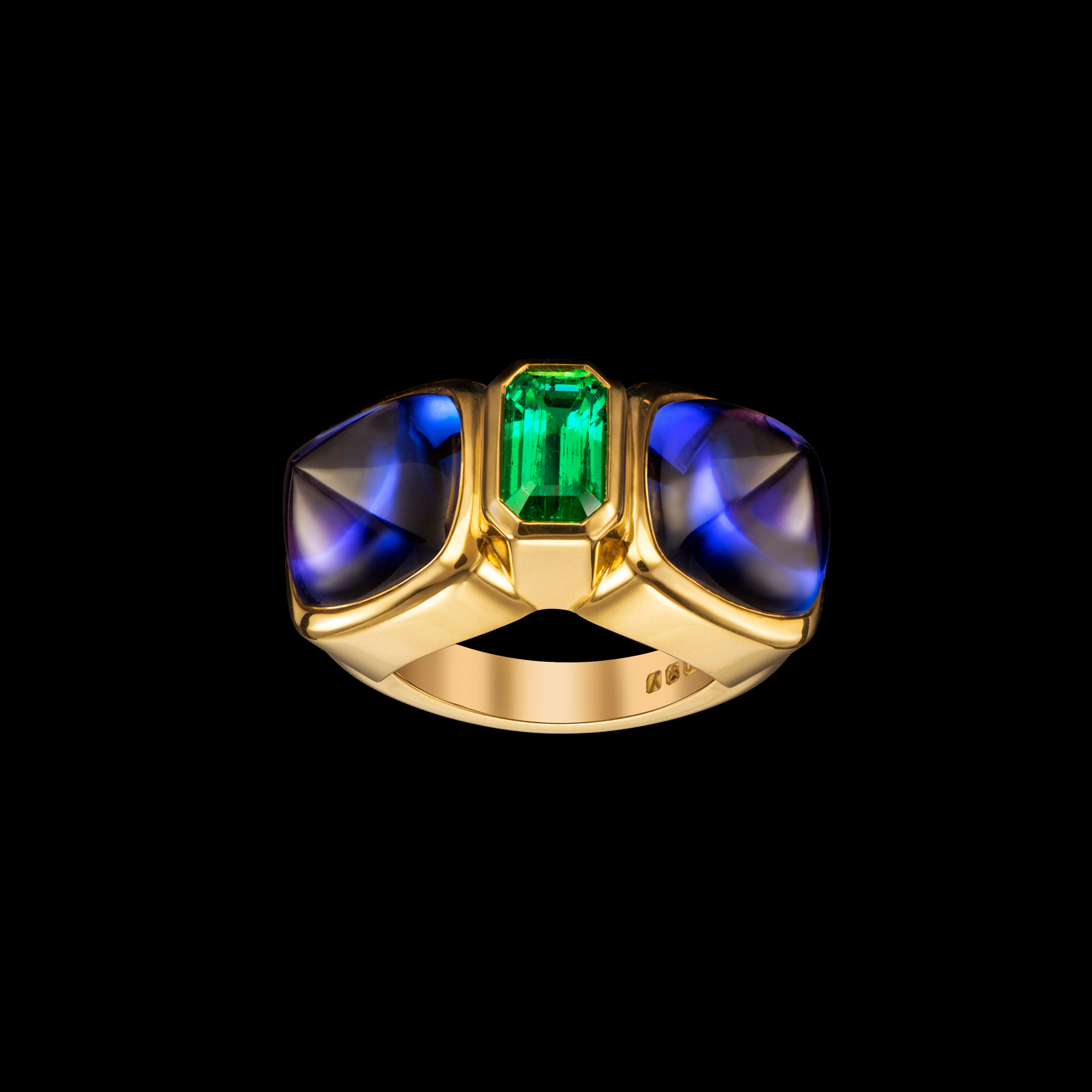 Edible ring by designer Solange Azagury-Partridge - 18 carat Yellow Gold, Tanzanite & Emerald - front view