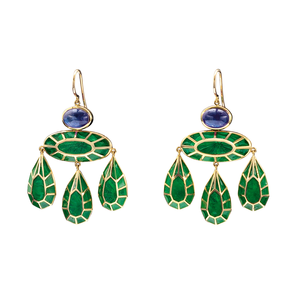 A pair of georgian earrings with sapphires and green plique-à-jour earrings in 18 karat yellow gold by Solange Azagury-Partridge