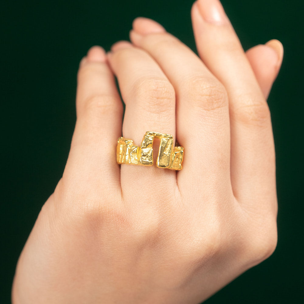 Goldhenge Stonehenge shaped ring 18 karat yellow gold by Solange Azagury-Partridge on hand