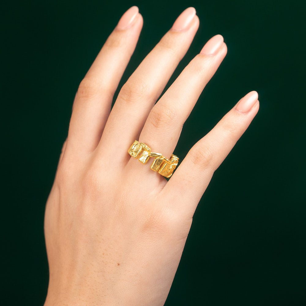Goldhenge Stonehenge shaped ring 18 karat yellow gold by Solange Azagury-Partridge on hand