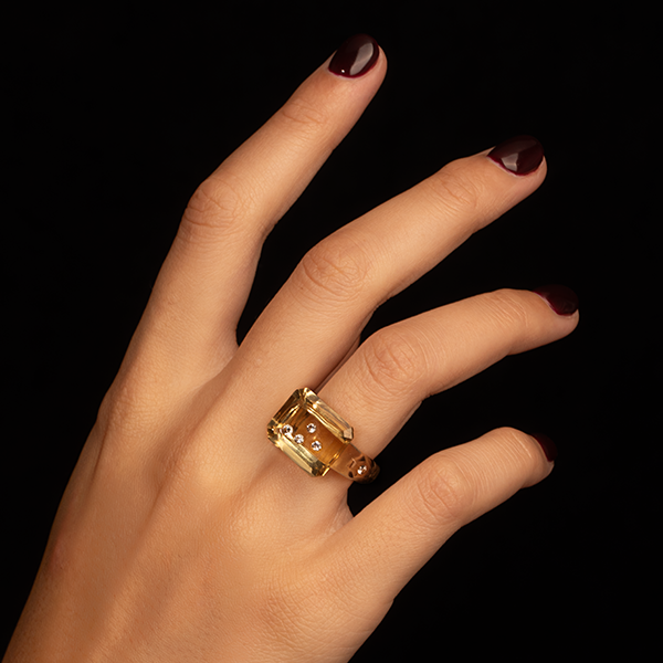 Hololith Citrine and Diamond Ring