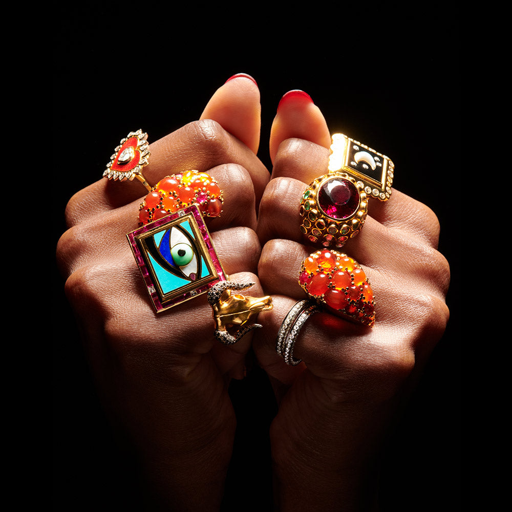 Cosmic Eye, Broken Heart, Queen of Hearts Zodiac ring on fist by Solange Azagury-Partridge