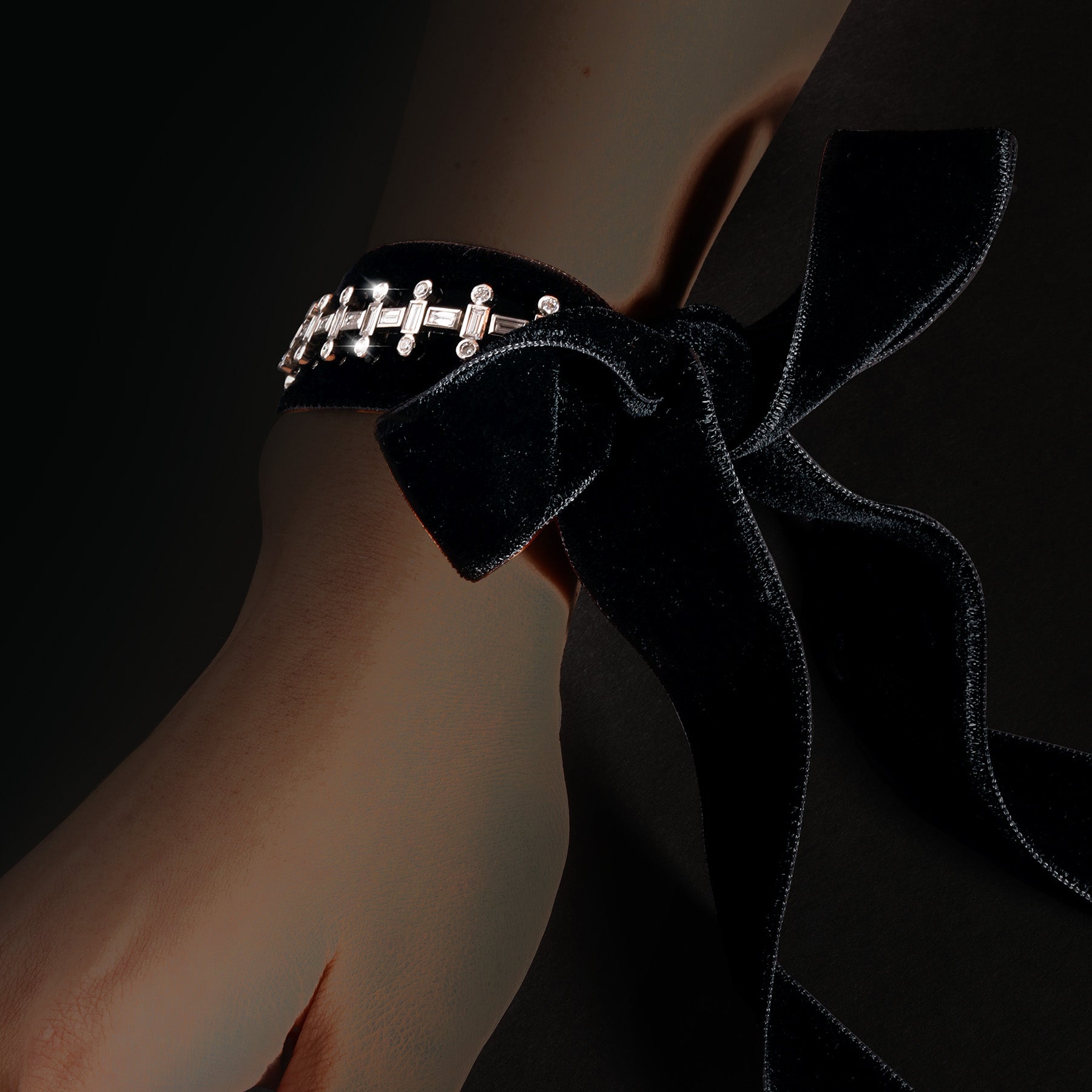 The Romantic Bracelet by designer Solange Azagury-Partridge - 18 White Gold and Diamonds - velvet ribbon styling