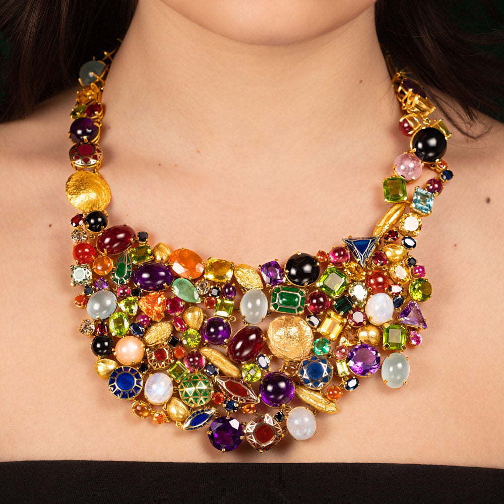 Stoned Necklace made from cast Cherry, Almond, and Dates stones in 18 karat yellow gold and precious gemstones and plique a jour enamel stones by Solange Azagury-Partridge On model