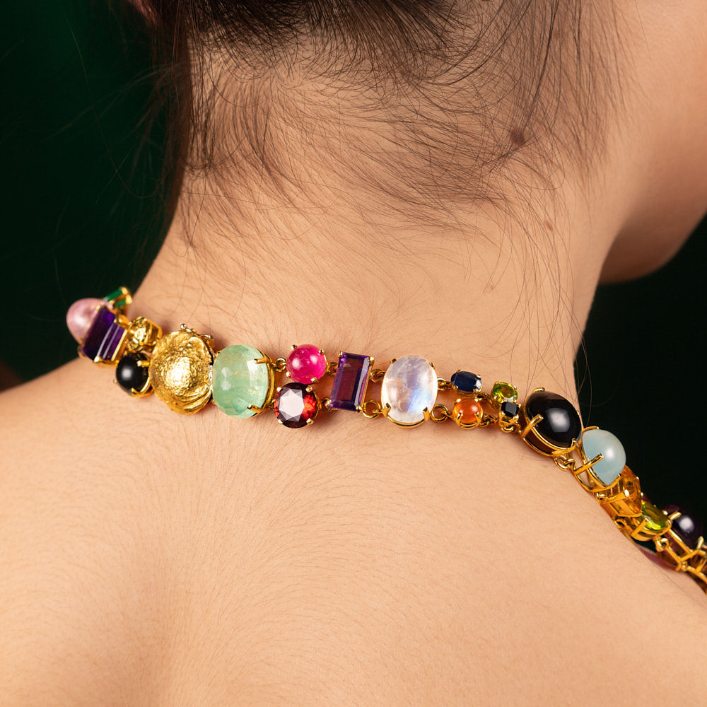 Stoned Necklace made from cast Cherry, Almond, and Dates stones in 18 karat yellow gold and precious gemstones and plique a jour enamel stones by Solange Azagury-Partridge Back Clasp