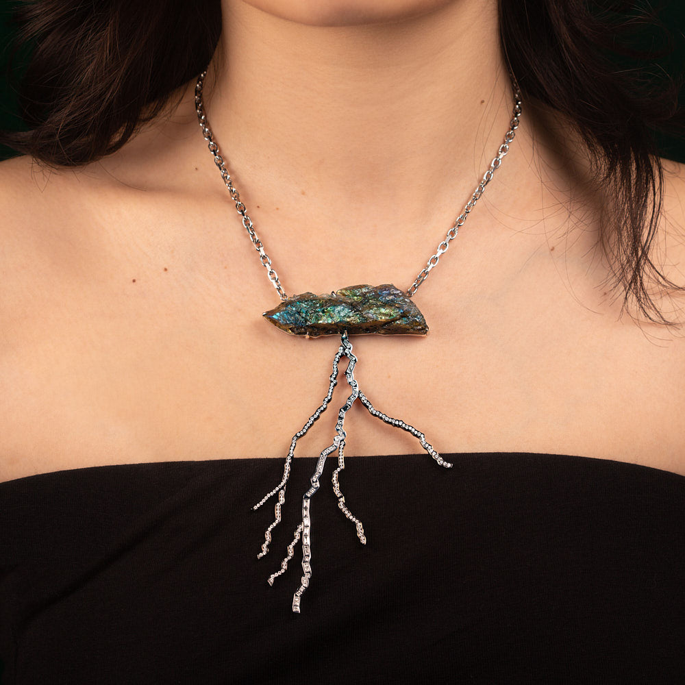 Storm labradorite diamond and blackened 18 karat white gold necklace by Solange Azagury-Partridge on neck