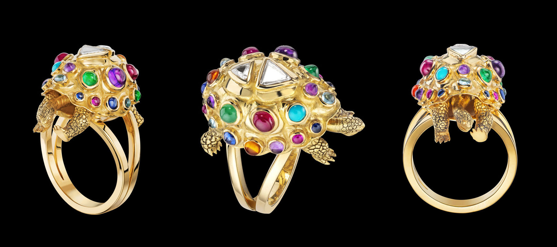 Matthew Day Jackson and Solange Collaboration 18 K Gold Bejewelled Turtle Ring 3 angles