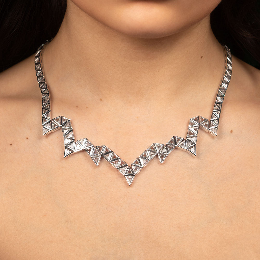 Triangle Diamond Necklace set with Triangle Set Diamond in 18 karat white gold by Solange Azagury-Partridge On Model