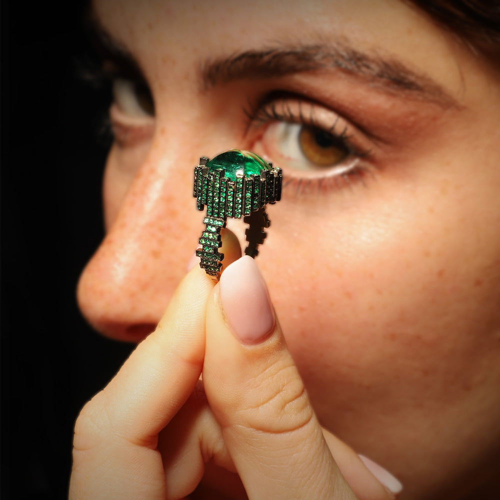 The Viridian Ring by designer Solange Azagury-Partridge - Blackened 18 carat White Gold and Emeralds - model styling