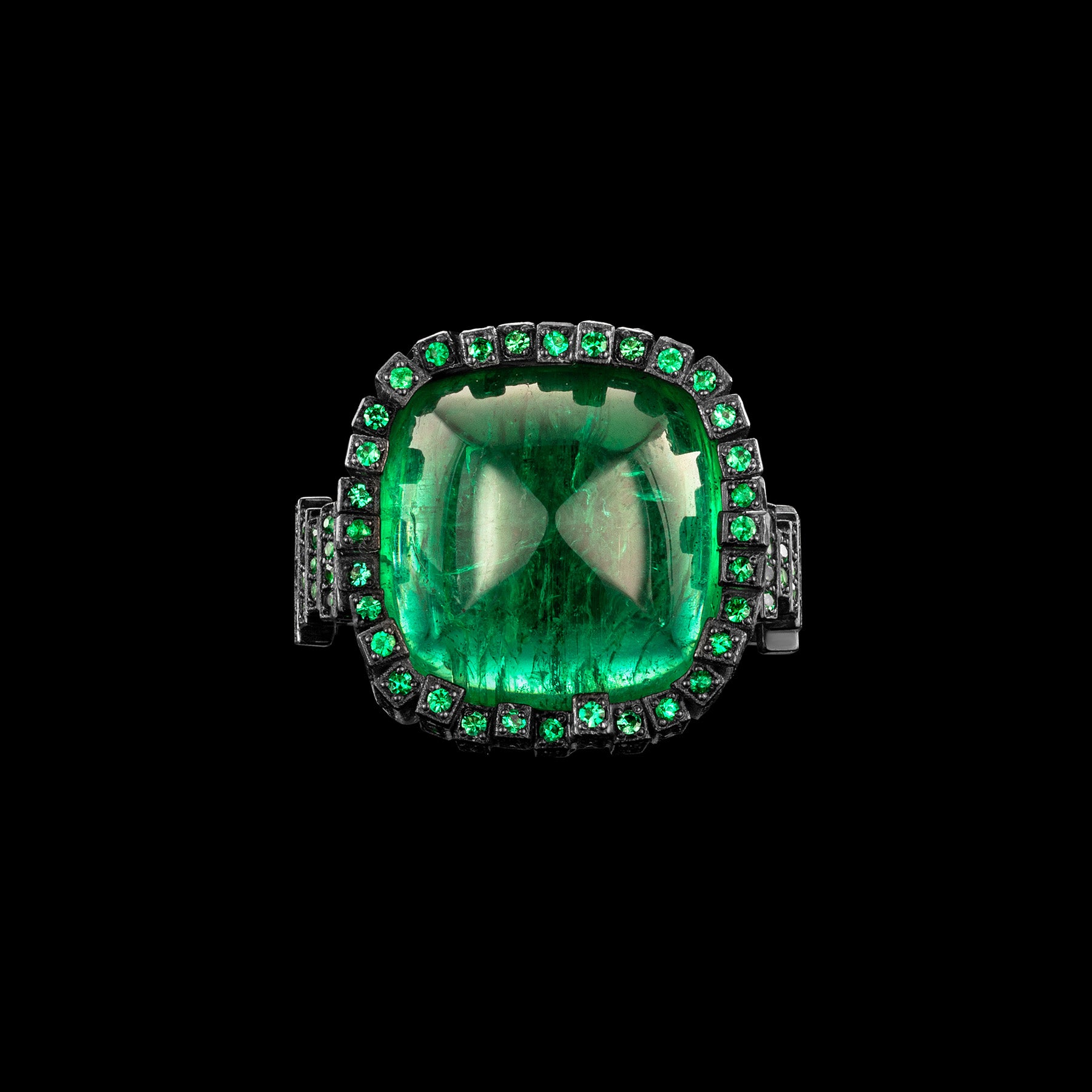 The Viridian Ring by designer Solange Azagury-Partridge - Blackened 18 carat White Gold and Emeralds - front view 1