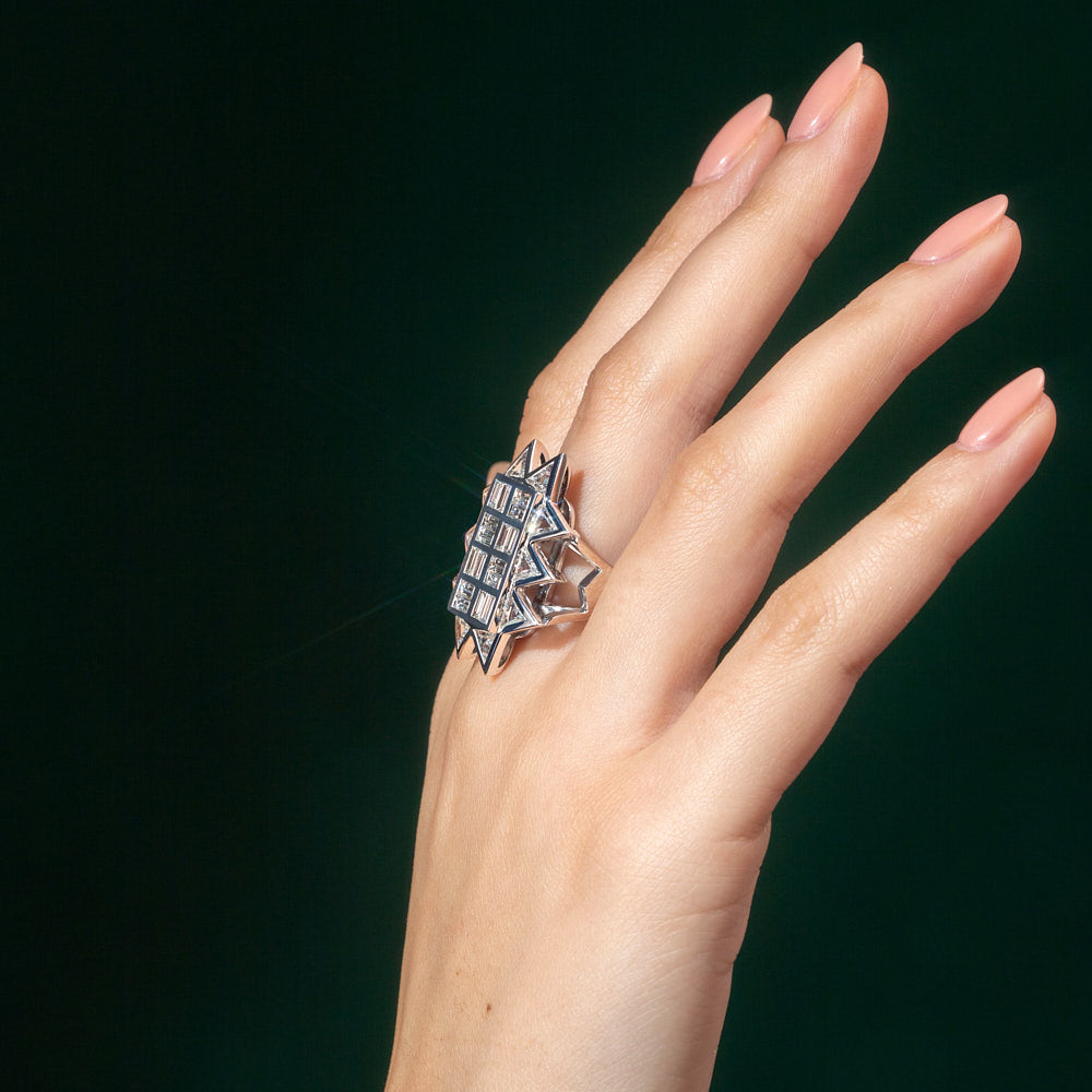 Witchy Diamond Ring Set with Triangle and Baguette Shaped Diamond in 18 karat white gold by Solange Azagury-Partridge On Hand