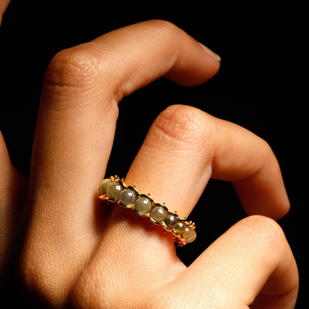 The Petrichor ring by designer Solange Azagury-Partridge - 18k Yellow Gold and Diamond Beads - styling on model