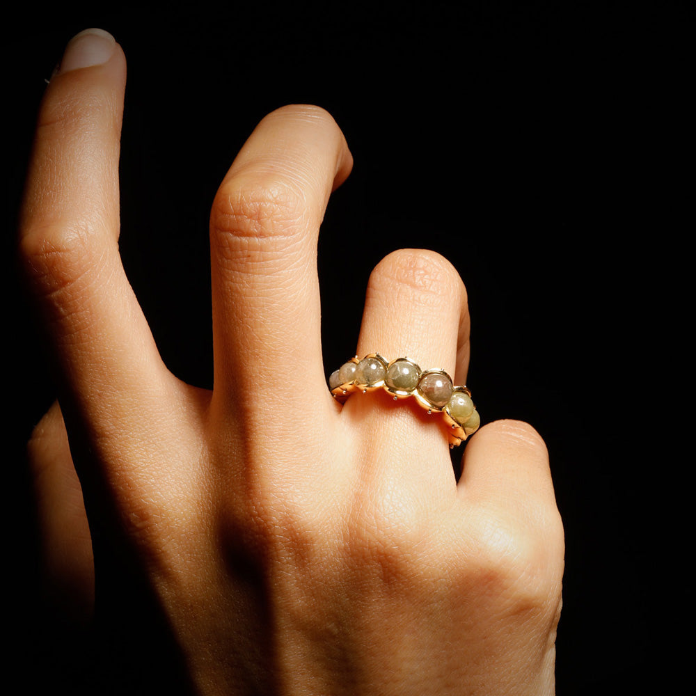 The Petrichor ring by designer Solange Azagury-Partridge - 18k Yellow Gold and Diamond Beads - styling on model 2