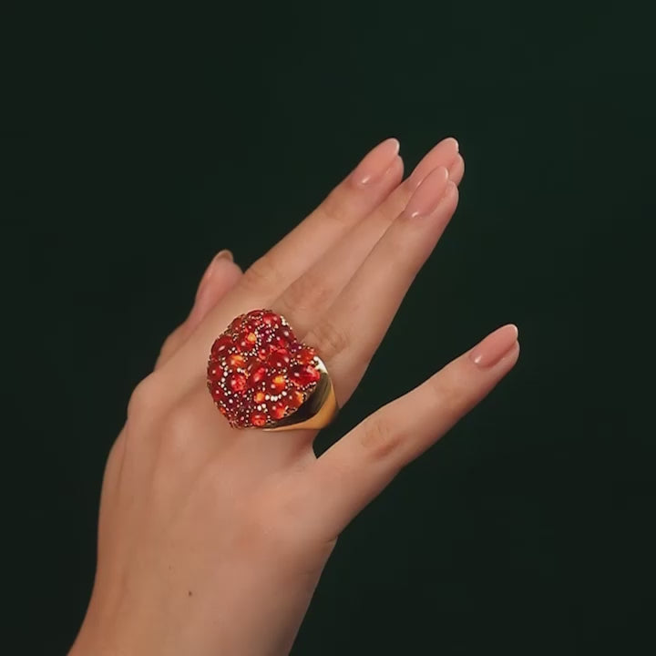 Broken Heart Two Finger Heart Ring Set with Fire Opal and Ruby Cabochons on 18k Yellow Gold By Solange Azagury-Partridge Video on Hand
