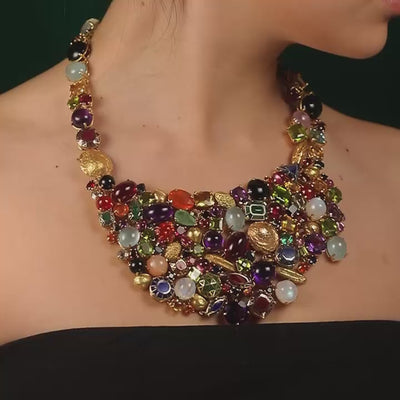 Stoned Necklace made from cast Cherry, Almond, and Dates stones in 18 karat yellow gold and precious gemstones and plique a jour enamel stones by Solange Azagury-Partridge Video on Model