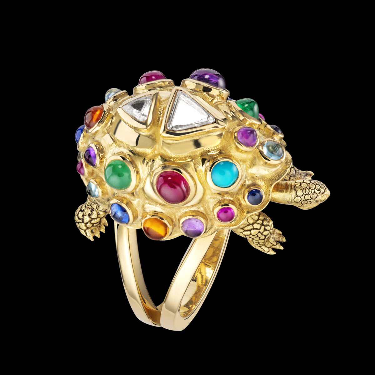 Matthew Day Jackson and Solange Collaboration 18 K Gold Bejewelled Turtle Tortoise Ring Angled view