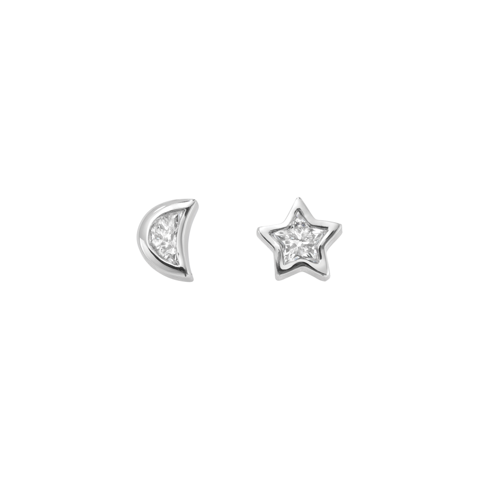 A pair of moon and star shaped diamond stud earrings set in 18 karat white gold by Solange Azagury-Partridge