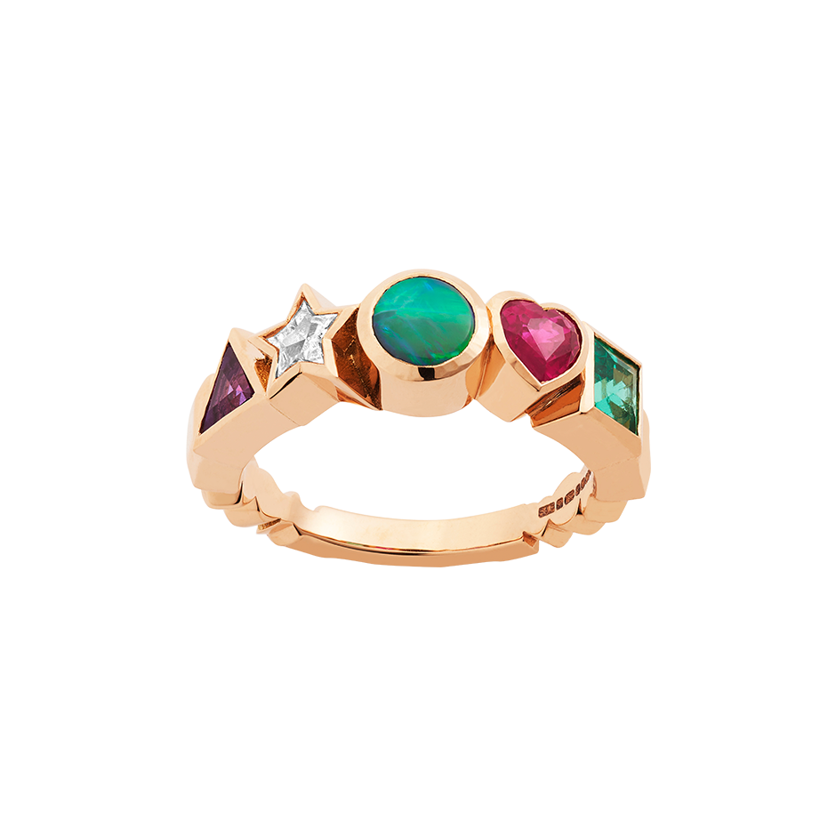 A ring composed of an triangle amethyst, star diamond, round opal, heart ruby and square emerald set in 18 karat red gold by Solange Azagury-Partridge