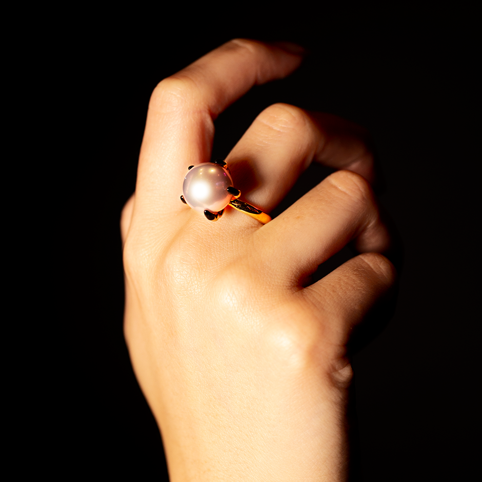Ballcrusher Pearl Ring set in a 18 Karat Gold Birds Hand with Enameled Claws by British Designer Solange Azagury-Partridge on hand