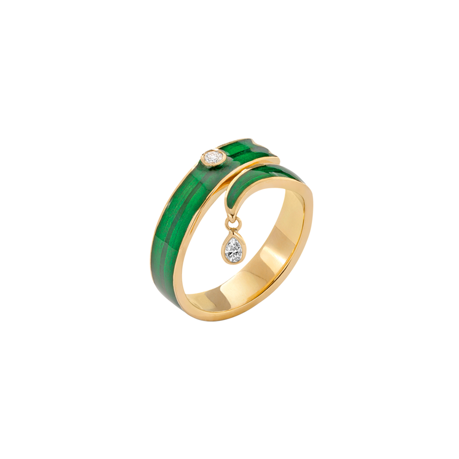 A blade of grass shaped ring made from enamel and a pear shaped diamond in 18 karat yellow gold by Solange Azagury-Partridge