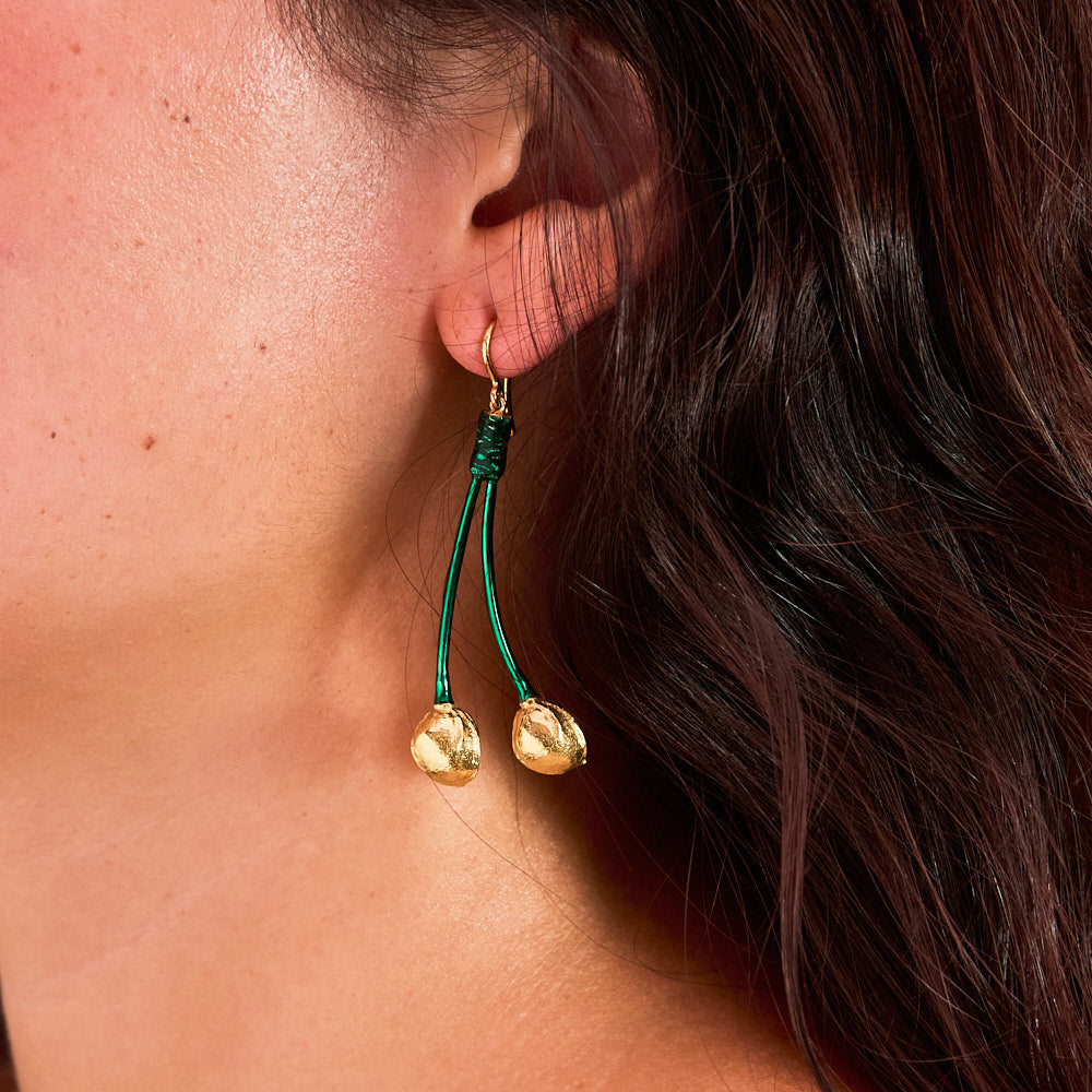 Cherry Stone Earrings 18K Yellow Gold and Green Lacquer French Hooks By Solange Azagury-Partridge on Ear