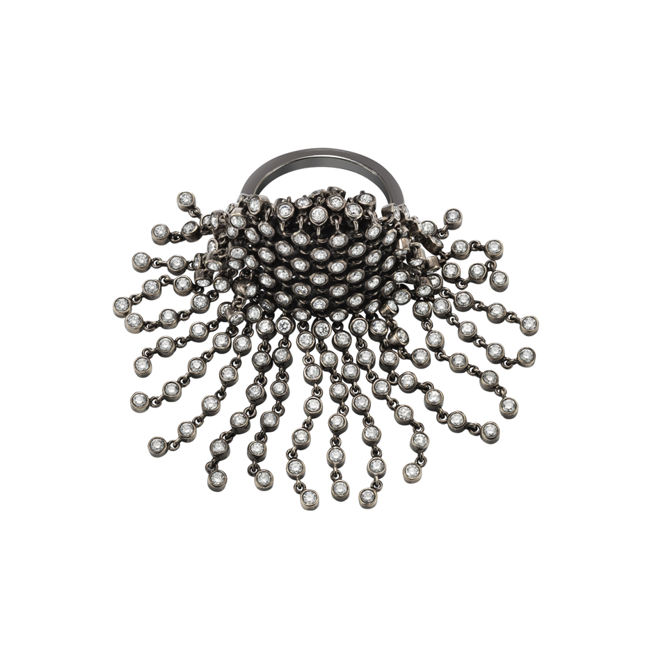 A flat topped diamond set ring with linked diamond fringe in blackened 18 karat white gold by Solange Azagury-Partridge