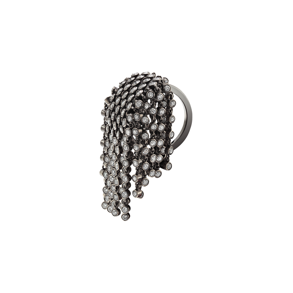 A flat topped diamond set ring with linked diamond fringe in blackened 18 karat white gold﻿ by Solange Azagury-Partridge
