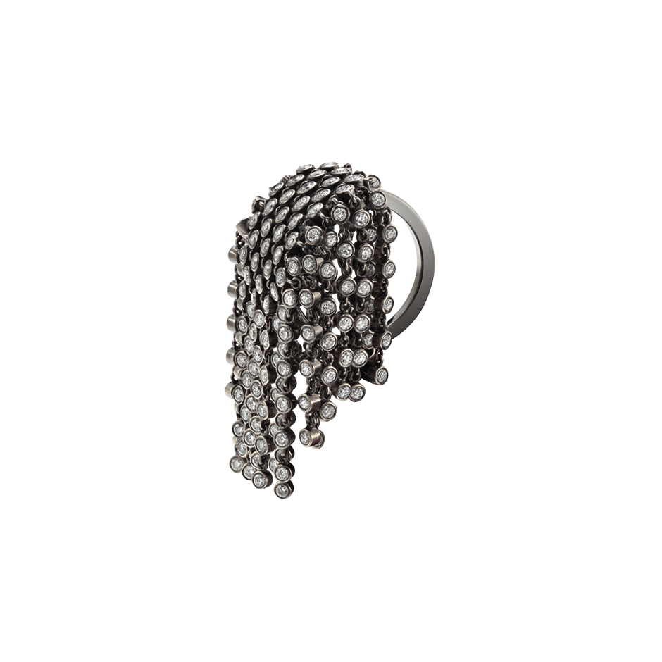 A flat topped diamond set ring with linked diamond fringe in blackened 18 karat white gold by Solange Azagury-Partridge