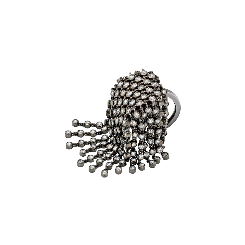 A flat topped diamond set ring with linked diamond fringe in blackened 18 karat white gold by Solange Azagury-Partridge