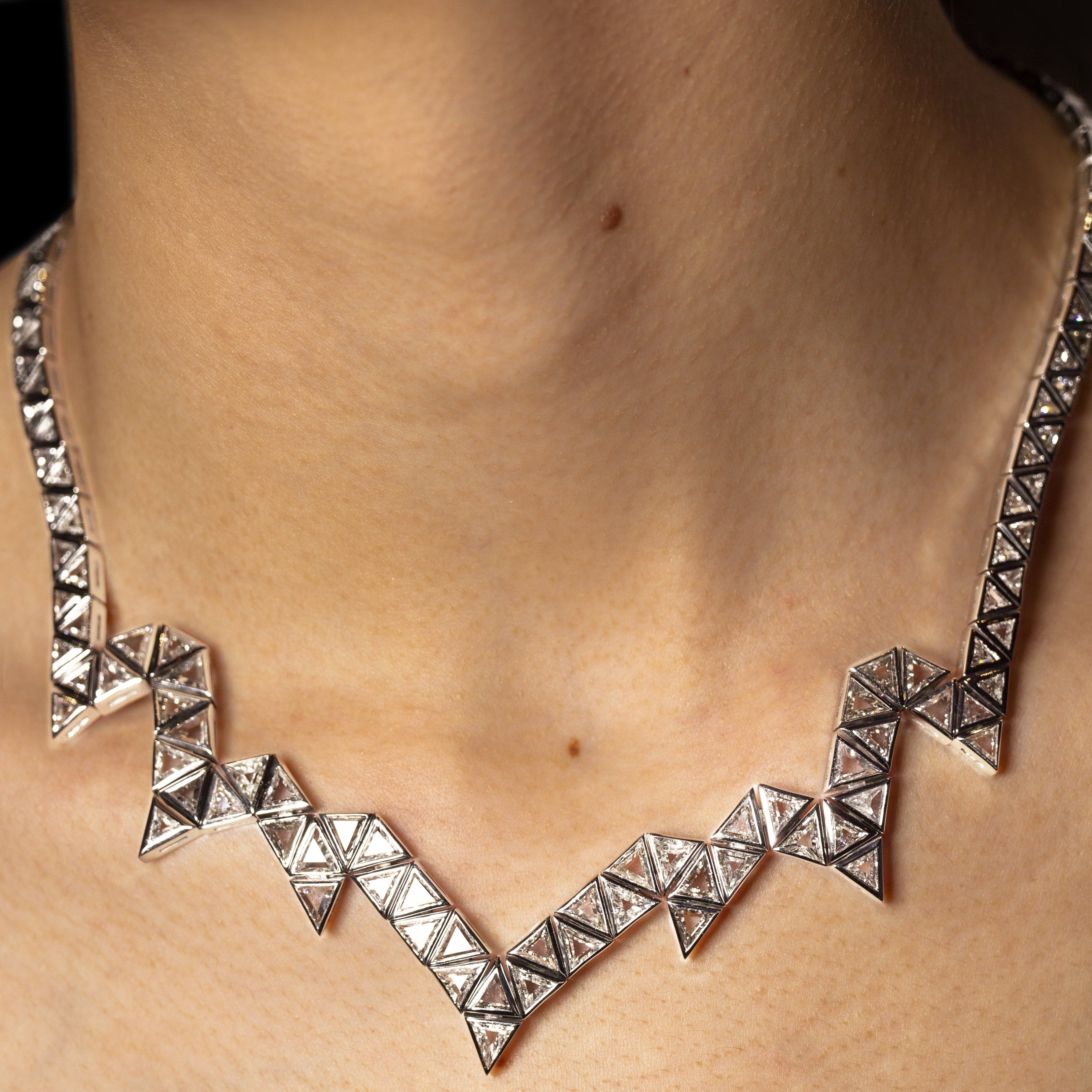 Triangle Diamond Necklace set with Triangle Set Diamond in 18 karat white gold by Solange Azagury-Partridge On Model