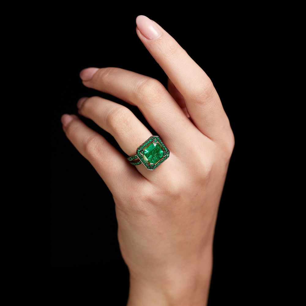 Emerald Cup Ring with with Emeralds in blackened 18 karat white goldby Solange Azagury-Partridge On Hand