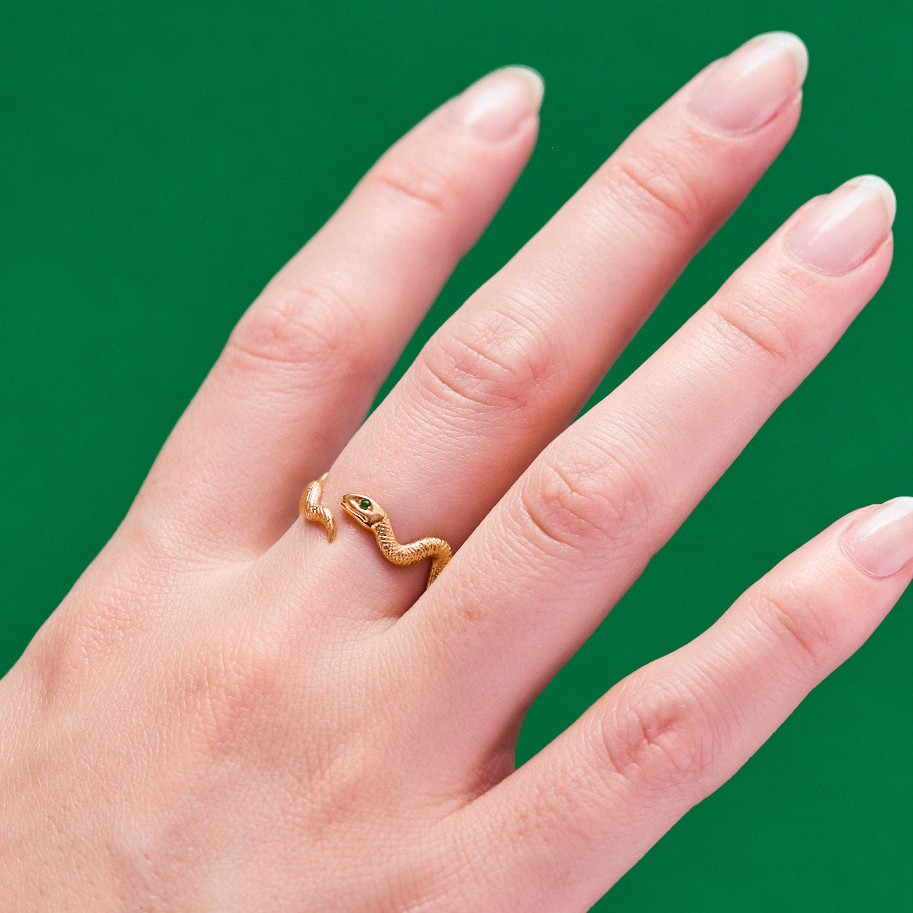 Gatekeeper Snake Serpent Ring in 18 Karat Yellow Gold with Emerald Set Eye by Solange Azagury-Partridge On hand