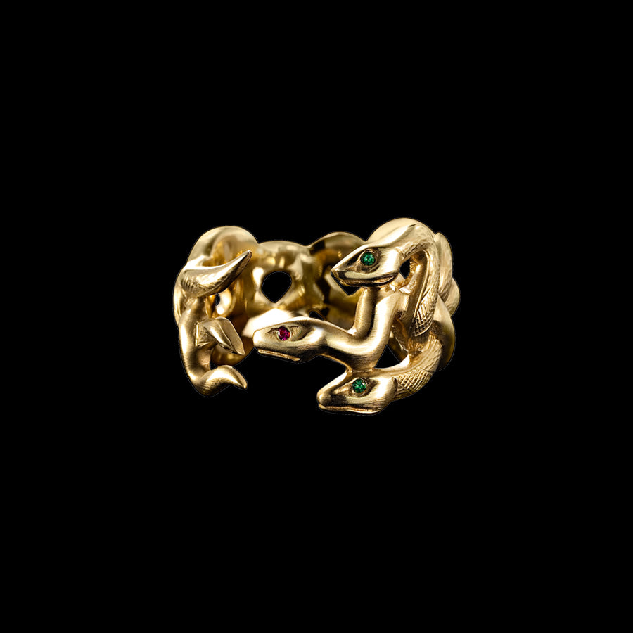 Gatekeeper Triple Snake Ring 18 Karat Yellow Gold with Emerald and Ruby Eyes by Solange Azagury-Partridge
