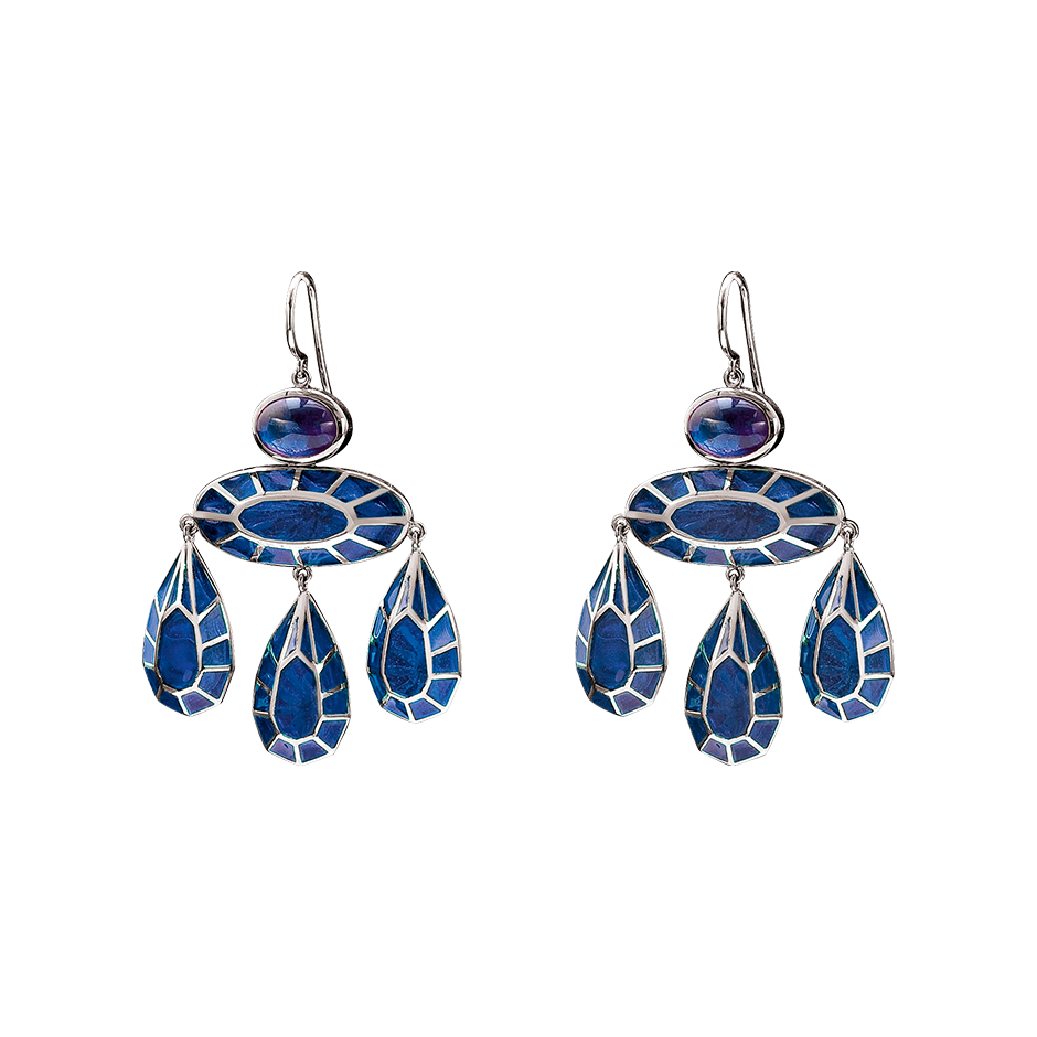 A pair of georgian earrings with oval cabochon sapphires and blue plique-a-jour enamel earrings in 18 karat white gold by Solange Azagury-Partridge