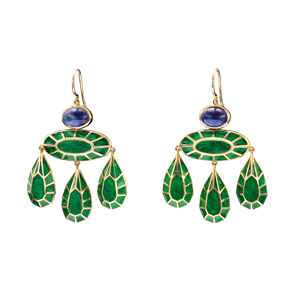 A pair of georgian earrings with sapphires and green plique-à-jour earrings in 18 karat yellow gold by Solange Azagury-Partridge