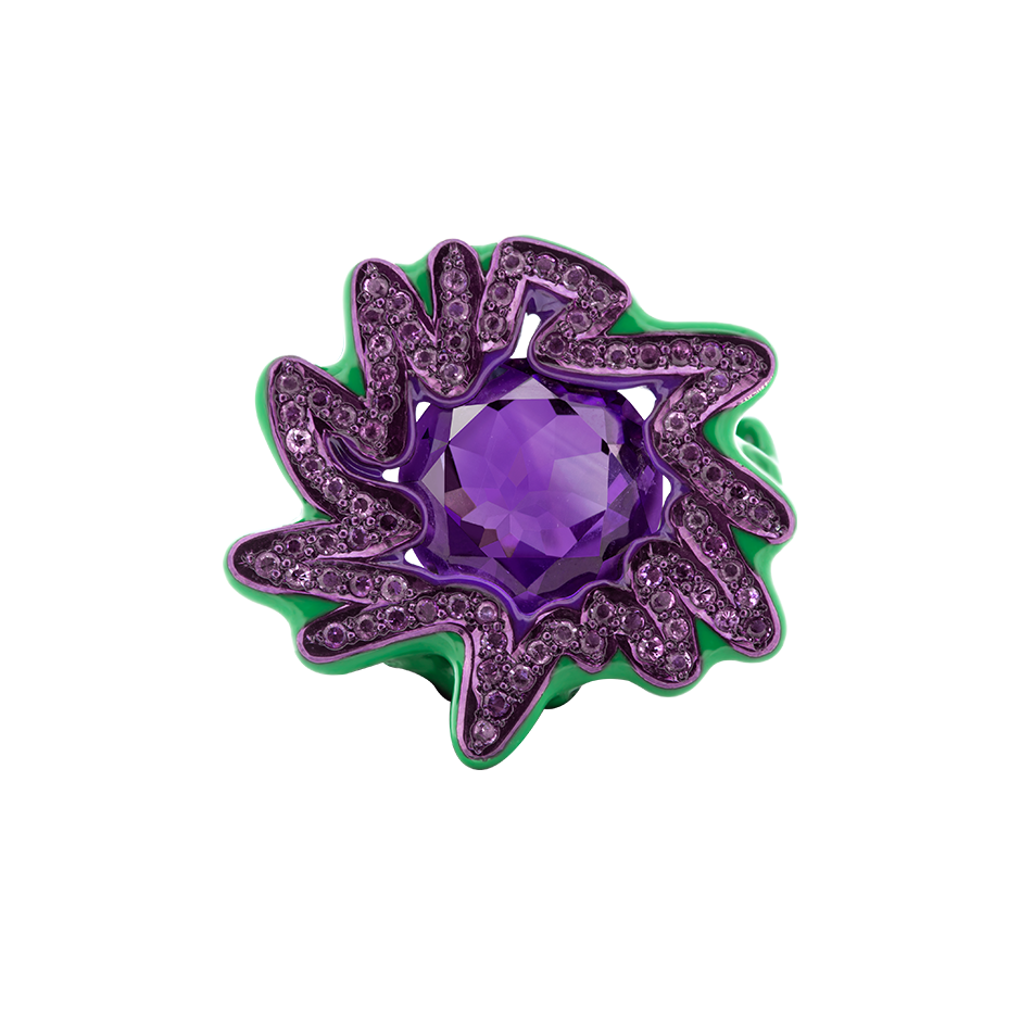 A green and purple scribbles ring composed of a centre round amethyst with amethyst pavé and purple lacquer surrounded in green ceramic plate and 18 karat yellow gold by Solange Azagury-Partridge