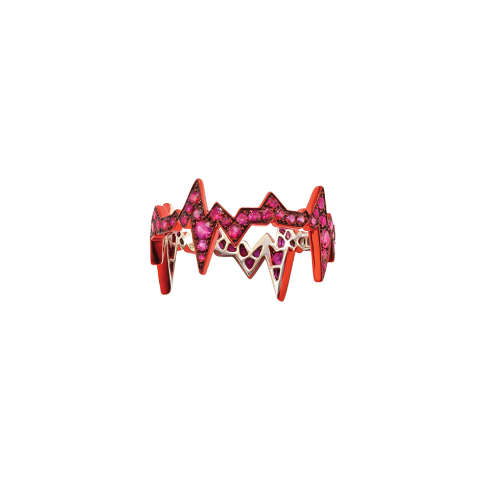 A heartbeat motif ring made from rubies and red ceramic in 18 karat white gold by Solange Azagury-Partridge