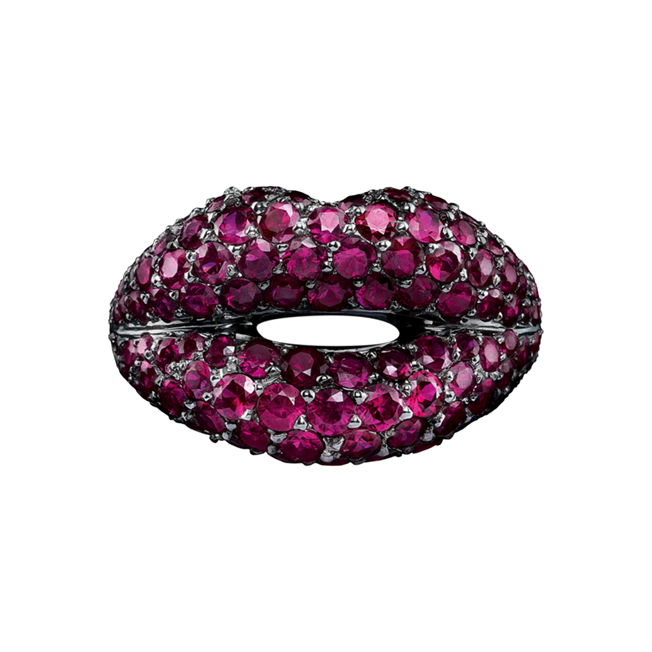 Hotlips Ruby Pave Lip Shaped Ring 18 Karat White Gold by Solange Azagury-Partridge Front View