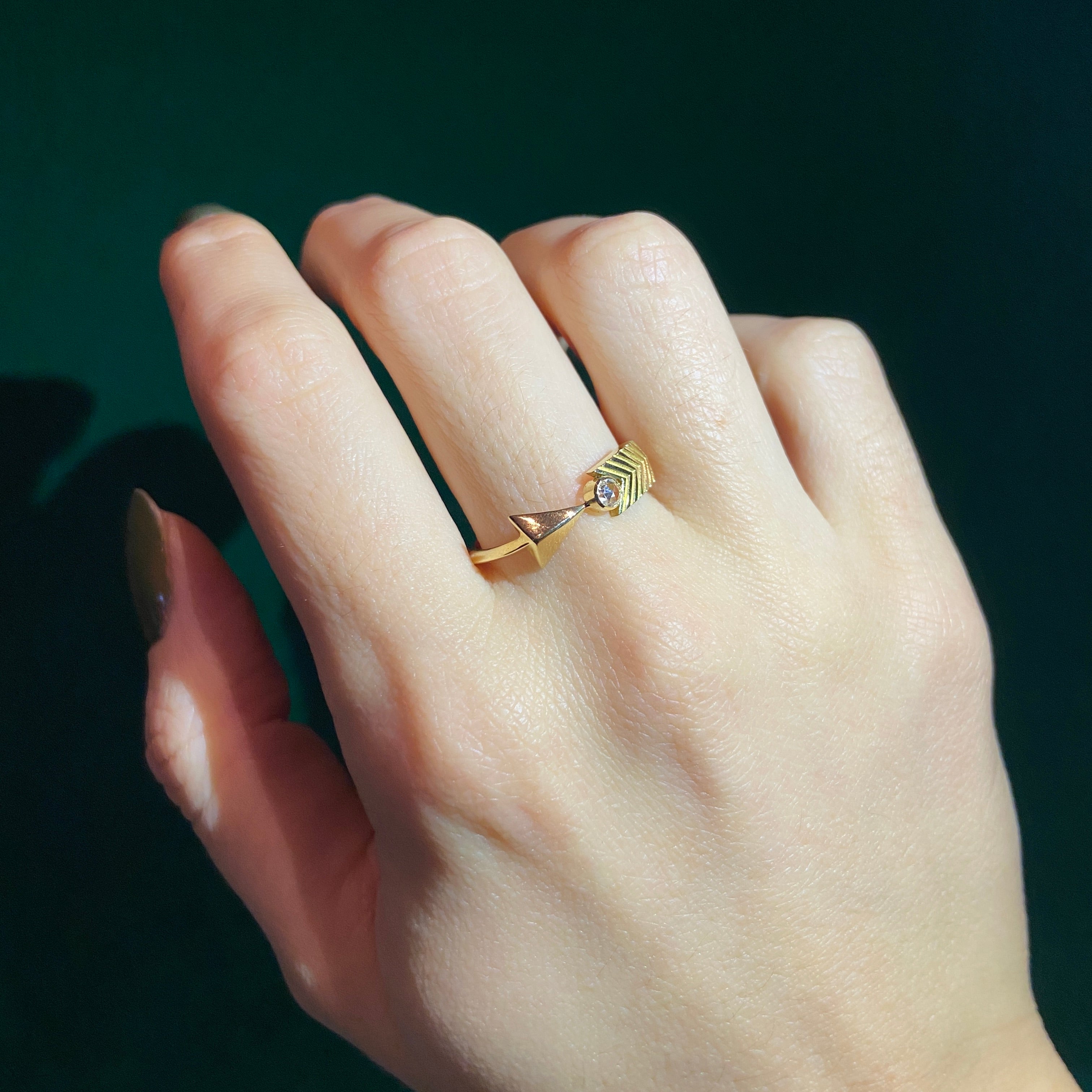 Cupids Arrow Ring in 18 karat yellow gold and a rose cut diamond by Solange Azagury-Partridge on hand