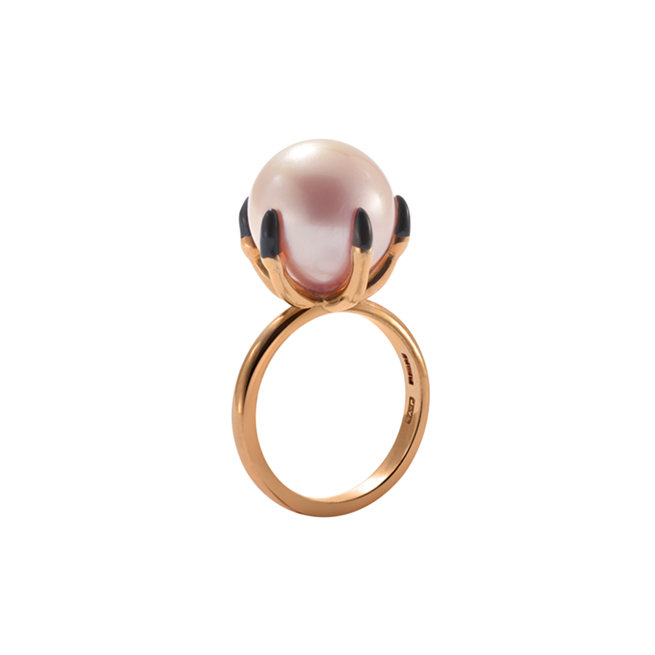 Ballcrusher Pearl Ring set in a 18 Karat Gold Birds Hand with Enameled Claws by British Designer Solange Azagury-Partridge