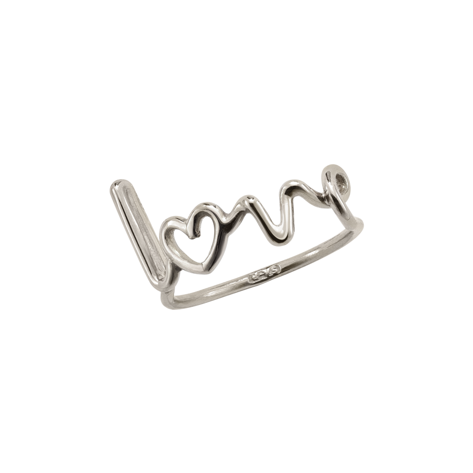 A love written ring available in 18 karat white gold by Solange Azagury-PartridgeLove Written Word Ring In 18 karat Yellow Gold by Solange Azagury-Partridge On Models HandLove Written Word Ring In 18 karat white Gold by Solange Azagury-Partridge
