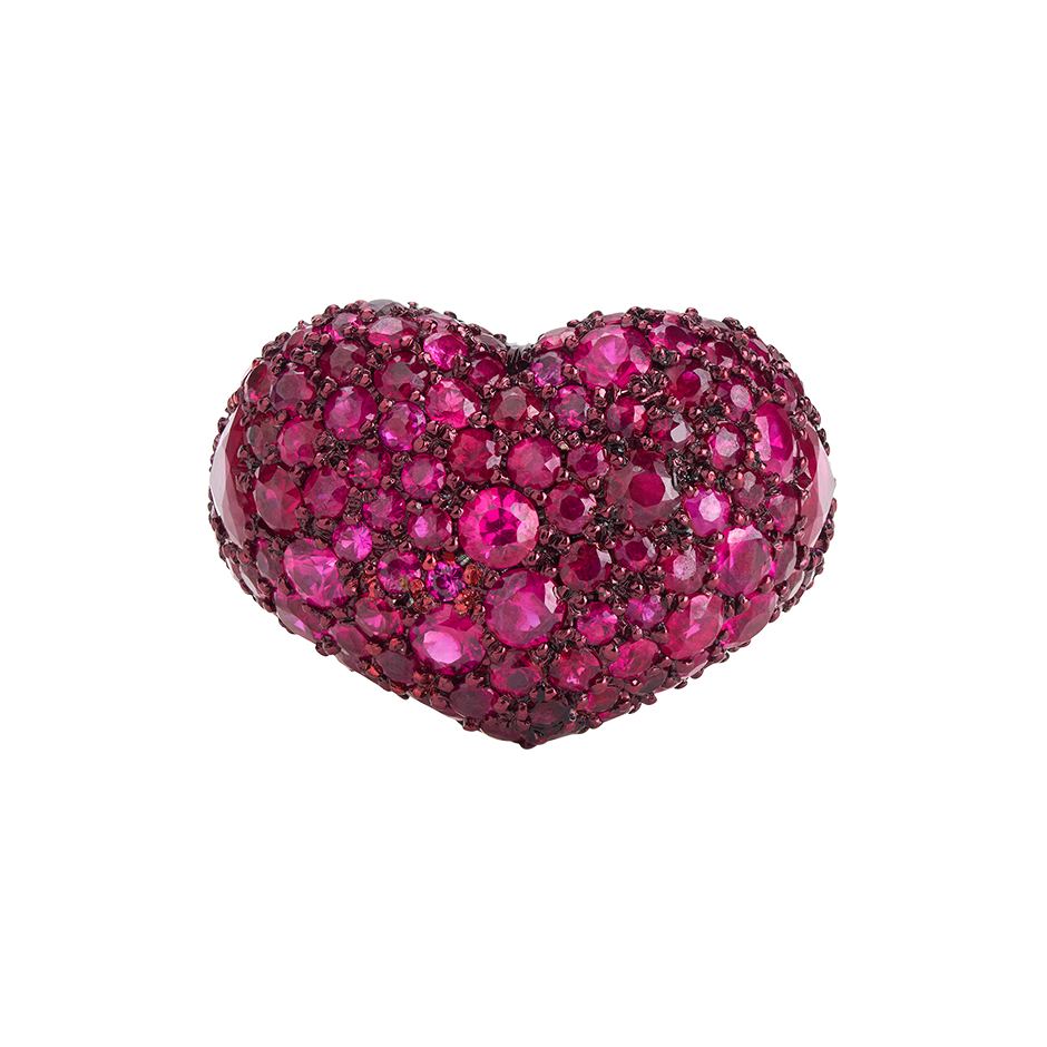 A love heart ring set with rubies pavé and red ceramic plate in 18 karat rose gold ring by Solange Azagury-Partridge