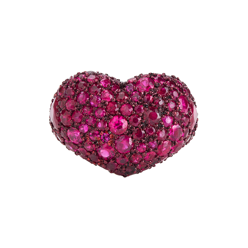 A love heart ring set with rubies pavé and red ceramic plate in 18 karat rose gold ring by Solange Azagury-Partridge
