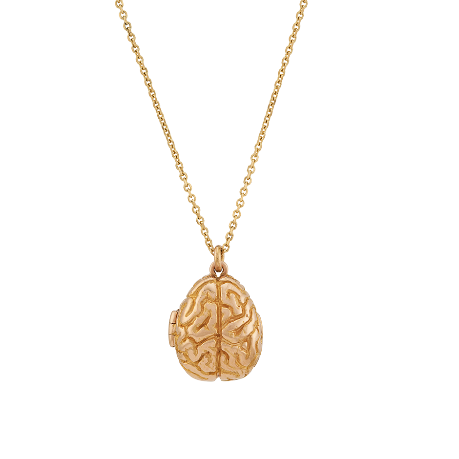 A brain shaped locket with a sapphire glass hidden storage compartment on a 28 inch chain set in 18 karat yellow gold by Solange Azagury-Partridge