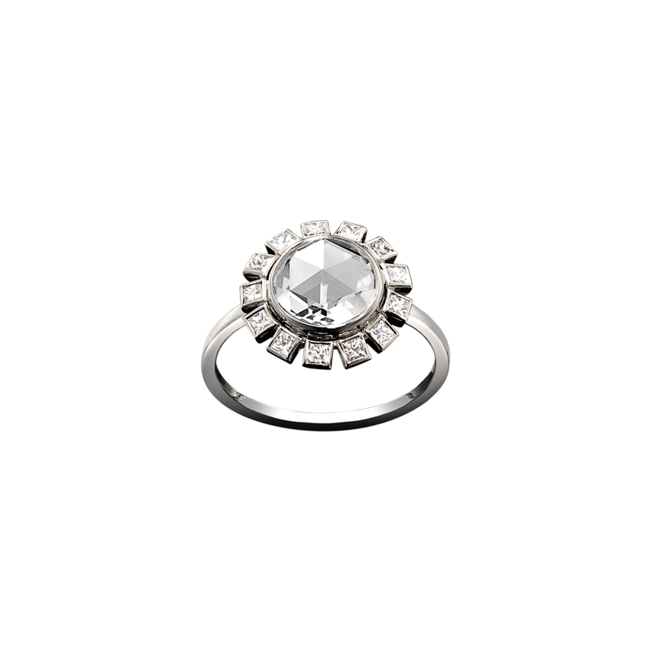 A central rose cut diamond surrounded by princess cut diamonds ring in 18 karat white gold by Solange Azagury-Partridge